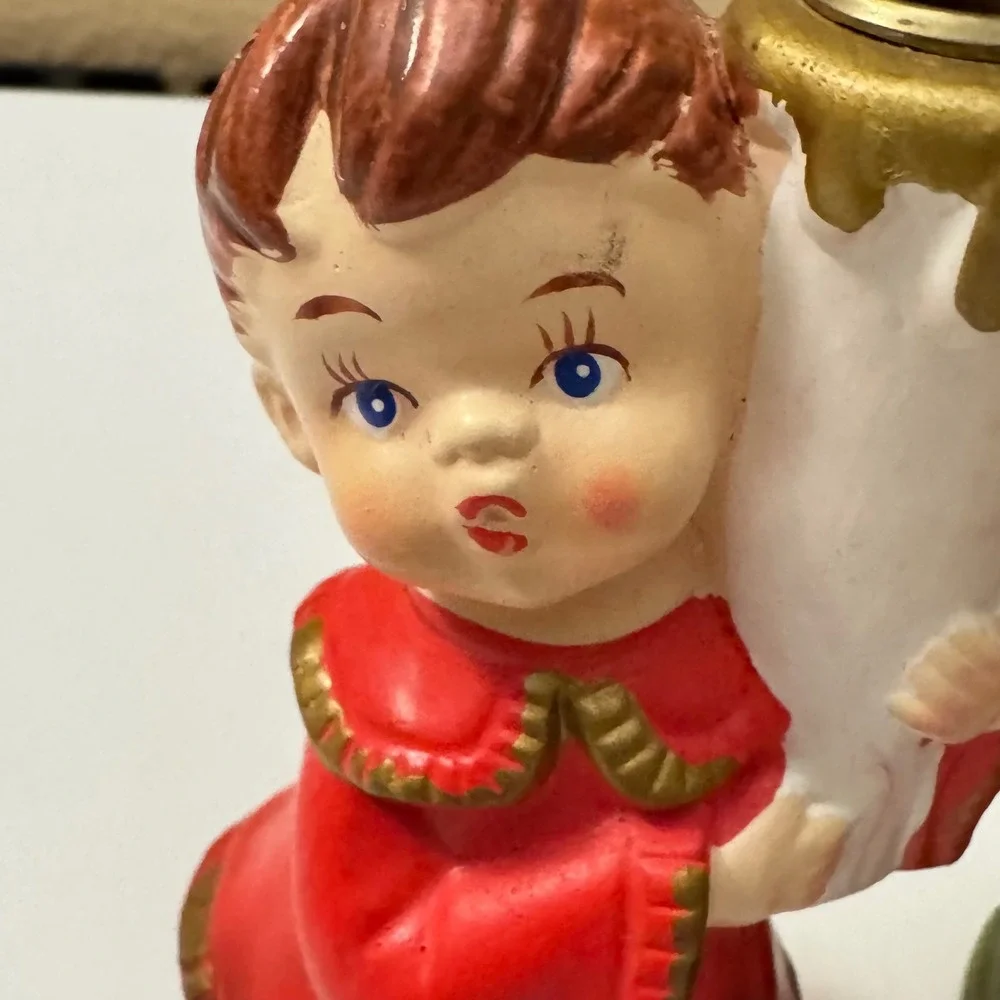 Vintage Star Japan Christmas Choir Boy Girl Candle Holders  Hand Painted 1950's